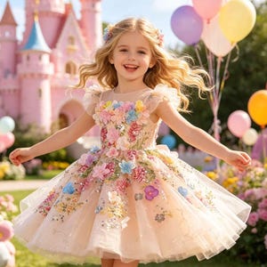 champagne dresses multi layer princess embroidered Champagne Embroidered Mesh Flower & Sequins Bodice Dress W/ Layered Sparkle Mesh Skirt - Size: 4