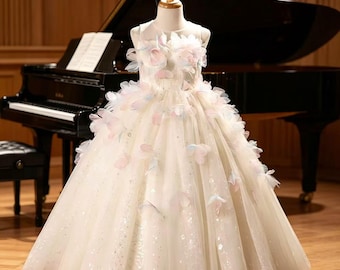 Pastel Feather Girl Princess Dress, Kids Tulle Ball Gown