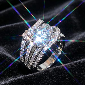 May include: A dazzling silver ring with a large, clear center stone and numerous smaller stones. The ring's design features multiple bands and intricate detailing, creating a sparkling effect. The image is set against a dark background, highlighting the ring's brilliance.