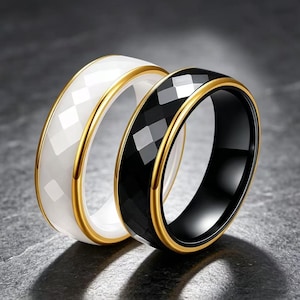 Faceted Ceramic Couple Rings with Gold Trim