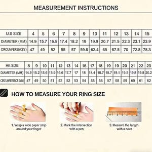 May include: A chart with ring size measurement instructions. It includes U.S. and HK sizes, diameters in millimeters, and circumferences. The image also shows how to measure ring size using a paper strip, pen, and ruler.