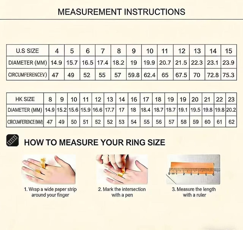 May include: A chart with ring size measurement instructions. It includes U.S. and HK sizes, diameters in millimeters, and circumferences. The image also shows how to measure ring size using a paper strip, pen, and ruler.