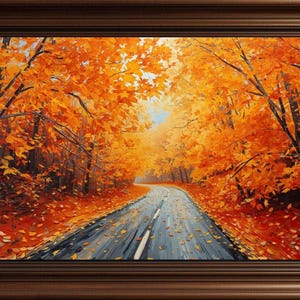 Puede incluir: Pintura al óleo de un camino que serpentea a través de un bosque en otoño. Los árboles están llenos de hojas de color naranja vibrante, y el camino está cubierto de hojas caídas. La obra de arte está enmarcada en un marco de madera marrón.
