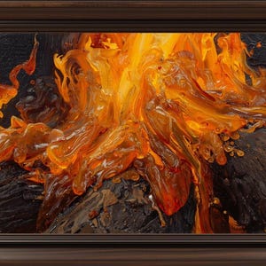 May include: A framed oil painting featuring a thick, textured impasto depiction of bright orange and yellow flames rising from dark, charred logs. The artwork is encased in a dark brown, multi-layered wooden frame with a classic, stepped profile.