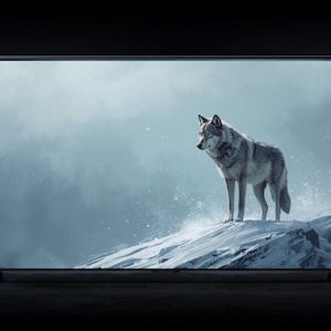 May include: A flat-screen television displays a serene winter scene. A gray wolf stands on a snow-covered hill, with a misty, blue-toned background. The TV has a black frame and is set against a dark backdrop.