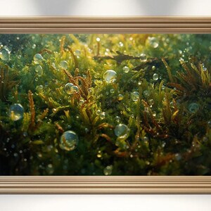 May include: A framed nature photograph featuring close-up of green moss with water droplets. The moss is a vibrant green with brown stems, and the droplets are clear and spherical, creating a glistening effect. The frame is a light gold color.