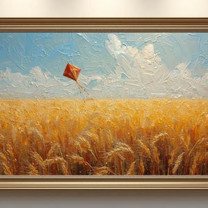 Könnte beinhalten: Ölgemälde in einem goldenen Rahmen, das ein Weizenfeld unter blauem Himmel mit weißen Wolken und einem roten Drachen zeigt. Das Weizenfeld hat eine goldgelbe Farbe, und das Kunstwerk ist in einem goldfarbenen Holzrahmen gerahmt.