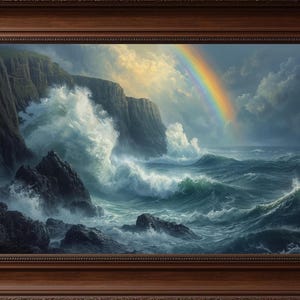 May include: A framed landscape painting depicts a stormy ocean scene with crashing waves against dark cliffs. A vibrant rainbow arches across the sky, adding a touch of color to the dramatic seascape. The frame is a rich, dark brown.