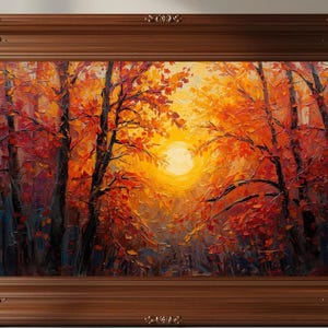 Può includere: Dipinto ad olio incorniciato raffigurante una vivace scena di foresta autunnale. L'opera presenta alberi con foglie rosse e arancioni, un sole giallo brillante e una cornice marrone ornata. Il dipinto evoca un paesaggio naturale e caldo.