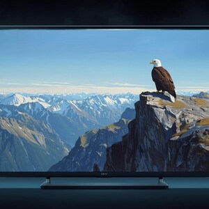 Pintura acrílica realista de un águila posada en un acantilado de alta montaña, arte mural, cielo extenso y picos distantes, póster de impresión artística en tonos fríos.