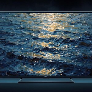 May include: A flat-screen television displays an abstract painting of ocean waves. The artwork features shades of blue and gold, creating a textured, impressionistic effect. The TV is set on a dark surface.