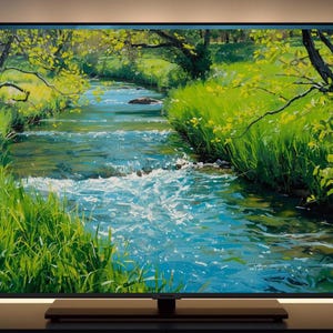 May include: A large, rectangular television displays a vibrant landscape painting of a flowing river. The artwork features lush green grass, trees with yellow-green leaves, and a clear blue river. The TV is set on a dark surface.