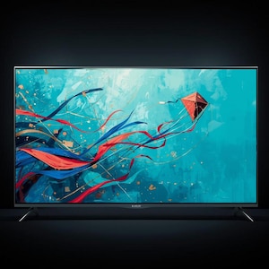 Op de afbeelding: Een moderne flatscreen-televisie met een levendig display. Het scherm toont een kleurrijk abstract ontwerp met een rode vlieger en vloeiende blauwe, rode en oranje lijnen tegen een turquoise achtergrond. De tv heeft een dun, zilverkleurig frame en staat op vier slanke poten.