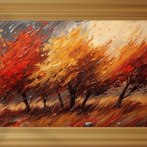 Puede incluir: Pintura abstracta de árboles en un marco dorado. La obra presenta árboles con hojas rojas y amarillas, sugiriendo una escena otoñal. La pintura tiene un estilo texturizado e impresionista, con pinceladas visibles. El marco es de color dorado cálido.