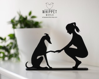 Whippet Silhouette Ornament – Dog with man or lady – Matte Black Acrylic Door Topper. Greyhound gift