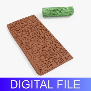 Peut inclure: Un tampon rectangulaire marron avec des hiéroglyphes égyptiens anciens et un rouleau cylindrique vert. Le texte "DIGITAL FILE" est visible en bas de l'image.