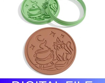 Witch Cat & Cauldron Clay Stamp or Cutter – Halloween Pottery Tool (Digital File)