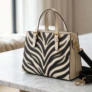 May include: A cream-coloured handbag with a black zebra stripe pattern on the front and back. The bag has a top handle, a detachable black shoulder strap, and gold-coloured hardware. The bag is on a white marble table.