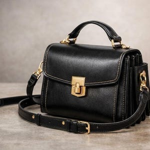 Puede incluir: Bolso de mano de cuero negro con asa superior y bandolera extraíble. El bolso presenta herrajes dorados, incluido un cierre de broche y correas. Costuras blancas acentúan los bordes del bolso.