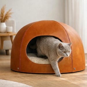 May include: A gray cat exits a brown, dome-shaped pet bed. The bed is made of a leather-like material with a circular opening. The cat's fur is gray, and it is looking to the right. The bed is on a wooden floor.