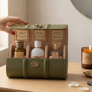 May include: An olive green leather case with three perfume bottles inside. The case is open, revealing the bottles and labels. A lit candle, flowers, and a small tray are on the table.