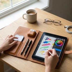May include: A brown leather folio with a tablet, phone, pens, and AirPod case on a wooden desk. The tablet displays colorful digital art with a stylus. A cup of coffee and glasses are also on the desk.