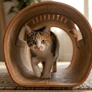 May include: A tortoiseshell cat with orange, black, and white fur walks through a brown, tunnel-shaped cat bed. The cat bed is made of a light-coloured, woven material and sits on a neutral-coloured rug.