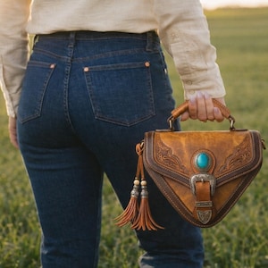 May include: A brown leather handbag with a turquoise stone and metal buckle. The bag has a triangular shape with decorative carvings and tassels. The person is wearing blue jeans and a cream-colored shirt.