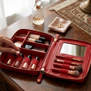 Puede incluir: Estuche de maquillaje rojo de cuero abierto, con cremallera dorada, espejo y compartimentos para cosméticos y brochas. Contiene varios productos de maquillaje y brochas.