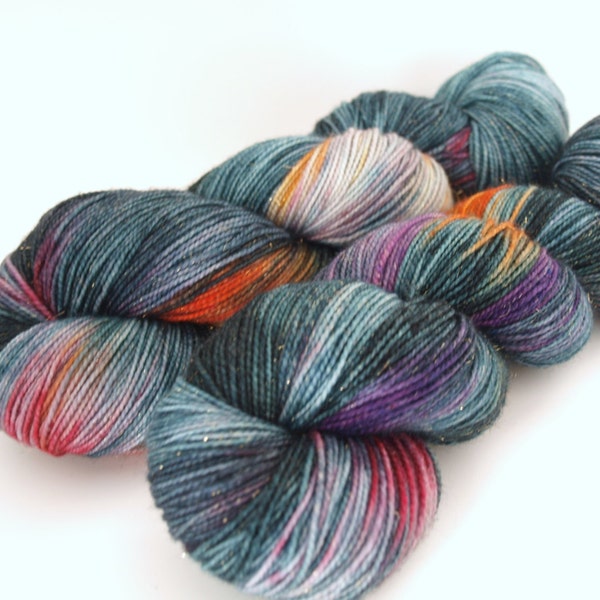 Hand Dyed Fingering/Sock Sparkle Yarn, Superwash Merino/Nylon/Stellina, Tuesday and So Slow
