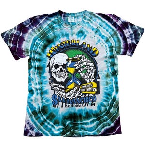May include: A tie-dye t-shirt with a swirling pattern of blue, green, and purple. The graphic on the front features a skull, skeleton hands holding an hourglass, and the words "WINTERLAND" and "SAN FRANCISCO CALIFORNIA".