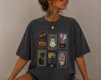 Trick or Treat Halloween Postage Stamp Shirt, Spooky Stamp Collage Tee, Vintage Ghost Witch Cat Shirt, Retro Halloween Folk Art Tee