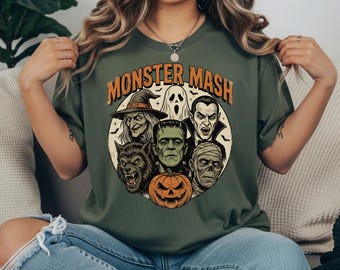 Monster Mash Halloween Shirt, Vintage Classic Horror Movie Graphic Tee, Retro Vampire Mummy Werewolf Monster Collage