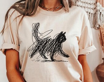 Vintage Cat Line Abstract Art Shirt, Minimal Sketch Cat Tee,Artsy Cat Lover Gift, Modern Aesthetic T-shirt