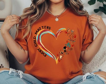 Camiseta naranja "Every Child Matters" (Cada niño importa), camiseta con corazón para concienciar sobre los pueblos indígenas, gráfico de la verdad y la reconciliación, camiseta de apoyo a los pueblos indígenas.