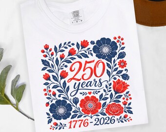 Camiseta floral del 250 aniversario, camiseta patriótica con la bandera estadounidense, camiseta floral del 4 de julio, camiseta floral patriótica del 4 de julio de 2026