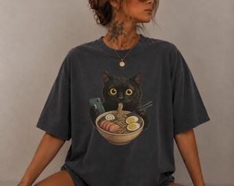Ramen Black Cat Shirt, Funny Noodle Cat Tee, Japanese Food Lover Shirt, Cute Foodie Cat Graphic Tee, Ramen Lover Gift