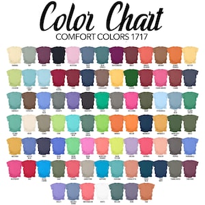 Puede incluir: Una carta de colores titulada "Color Chart COMFORT COLORS 1717" muestra una variedad de colores de camisetas. La carta incluye colores como negro, rosa, azul, verde y naranja. Cada color est&aacute; representado por un peque&ntilde;o gr&aacute;fico de camiseta con el nombre del color.