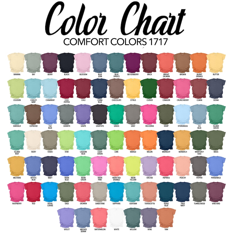 Puede incluir: Una carta de colores titulada "Color Chart COMFORT COLORS 1717" muestra una variedad de colores de camisetas. La carta incluye colores como negro, rosa, azul, verde y naranja. Cada color est&aacute; representado por un peque&ntilde;o gr&aacute;fico de camiseta con el nombre del color.