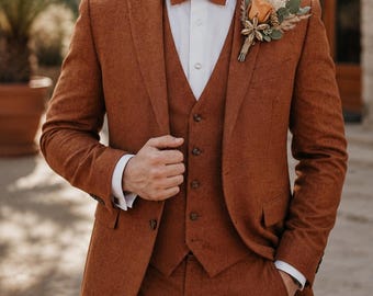 Verbrand oranje tweed driedelig kostuum voor heren | Rustieke bruiloft bruidegom op maat gemaakte formele herenkleding