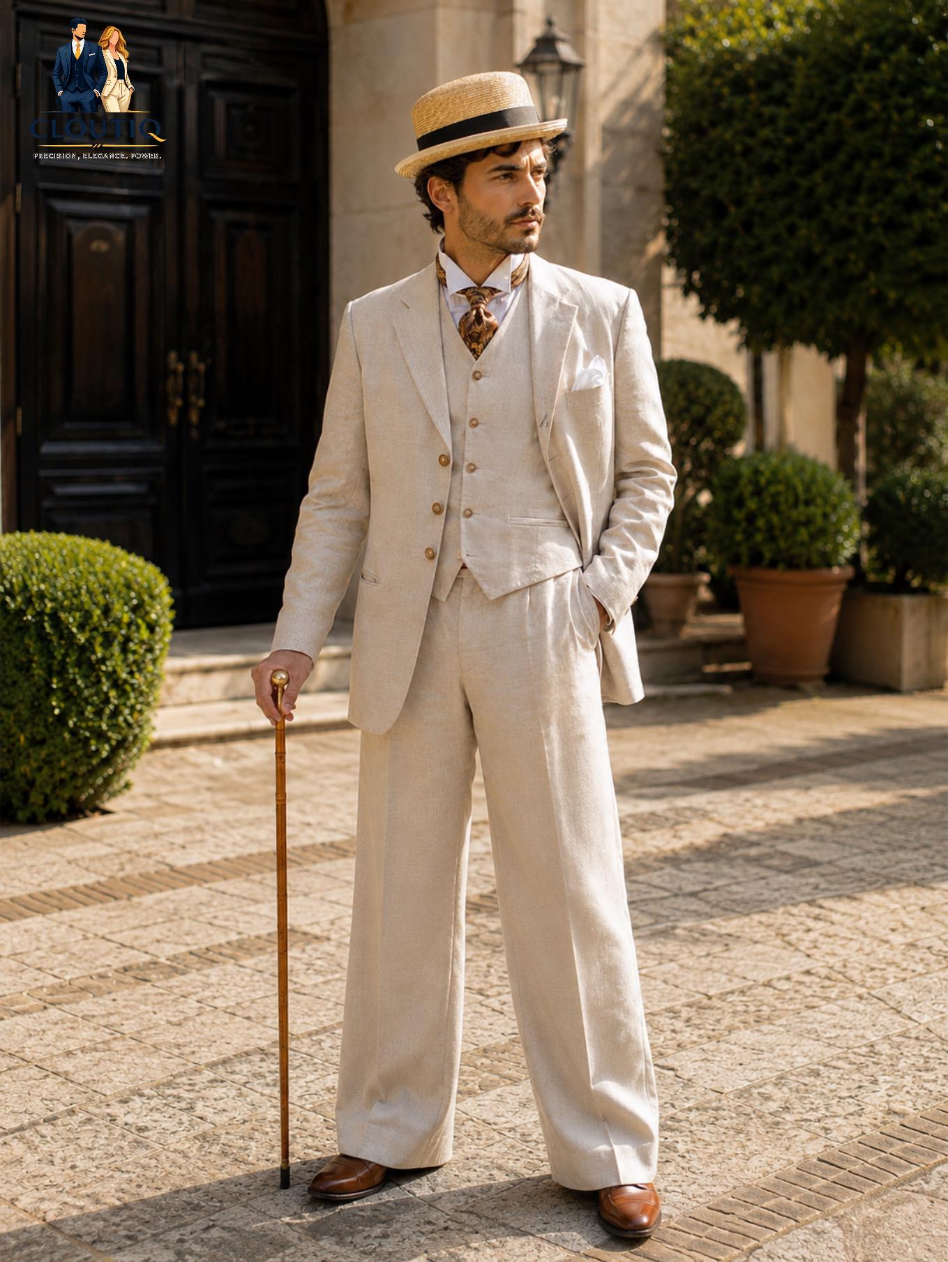 1920s Ivory Linen 3 Piece Suit, Gatsby Wedding, Wide Leg Trousers, Old…