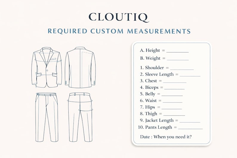 May include: A diagram of a suit jacket and trousers with a form for custom measurements. The form includes fields for height, weight, shoulder, sleeve length, chest, biceps, belly, waist, hips, thigh, jacket length, and trousers length. The text "CLOUTIQ" and "REQUIRED CUSTOM MEASUREMENTS" are visible.
