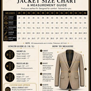 May include: A jacket size chart and measurement guide from "Cloutiq", with measurements in inches. The chart details chest, waist, shoulder, sleeve, and jacket length, plus instructions on how to measure for a tailored fit.