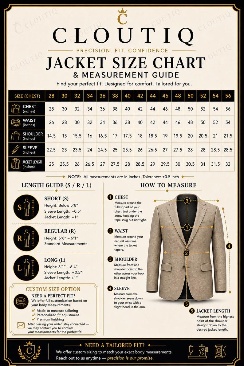 May include: A jacket size chart and measurement guide from "Cloutiq", with measurements in inches. The chart details chest, waist, shoulder, sleeve, and jacket length, plus instructions on how to measure for a tailored fit.
