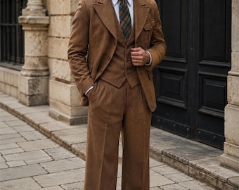 May include: A three-piece brown wool suit consisting of a blazer with wide lapels and a chest pocket, a matching button-up vest, and pleated trousers with cuffs. The suit is worn over a white and blue pinstriped dress shirt with a plaid necktie.
