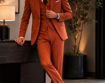 Burnt Orange Three-Piece Suit | Custom Tailored Slim Fit Formal Wedding Outfit
