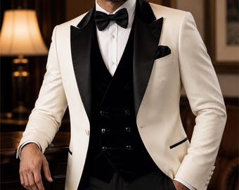 May include: A cream-colored tuxedo jacket with black satin peak lapels, worn over a black double-breasted velvet vest and a white pleated dress shirt. The ensemble includes a black bow tie, black trousers, and a black pocket square.