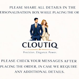 May include: The image displays the CLOUTIQ logo in navy blue, with the tagline "Precision. Elegance. Power." beneath. Above the logo are illustrations of a man in a blue suit and a woman in a cream suit. Text at the top and bottom of the image provides instructions.
