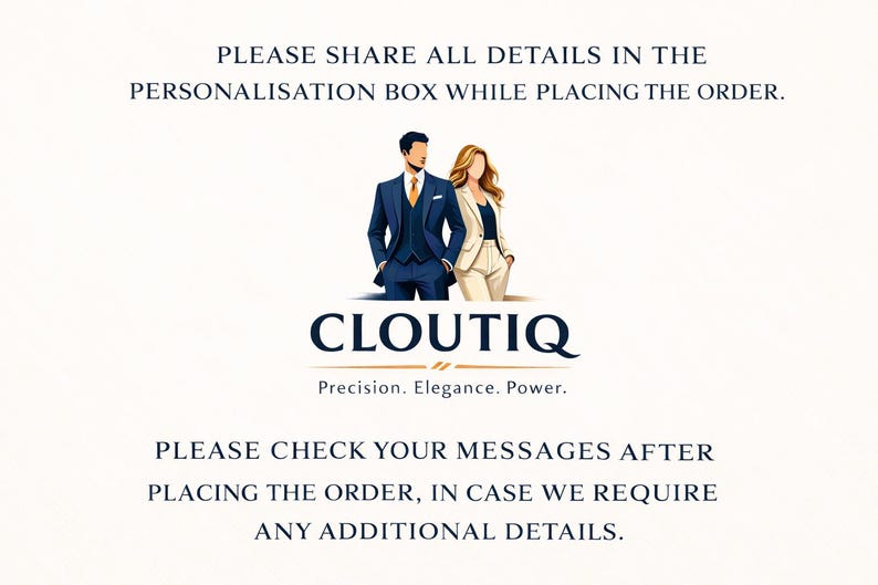 May include: The image displays the CLOUTIQ logo in navy blue, with the tagline "Precision. Elegance. Power." beneath. Above the logo are illustrations of a man in a blue suit and a woman in a cream suit. Text at the top and bottom of the image provides instructions.