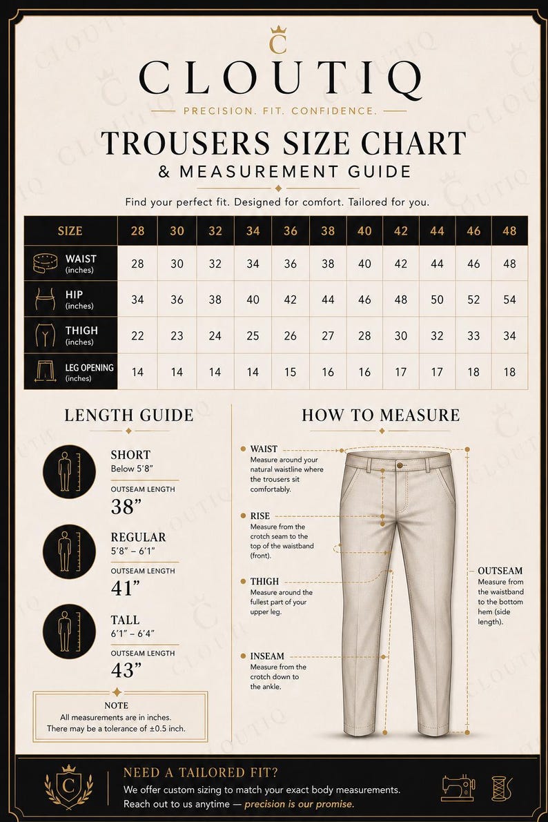 May include: A trousers size chart and measurement guide with a beige pair of trousers. The chart includes waist, hip, thigh, and leg opening measurements in inches. The length guide shows outseam lengths of 96.5 cm, 104.1 cm, and 109.2 cm.